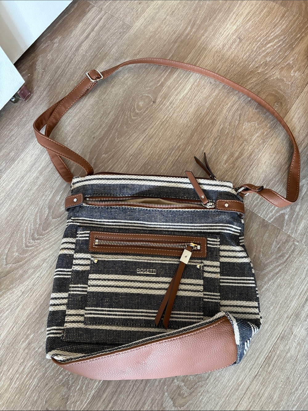 Striped Canvas Crossbody Bag with Brown Trim